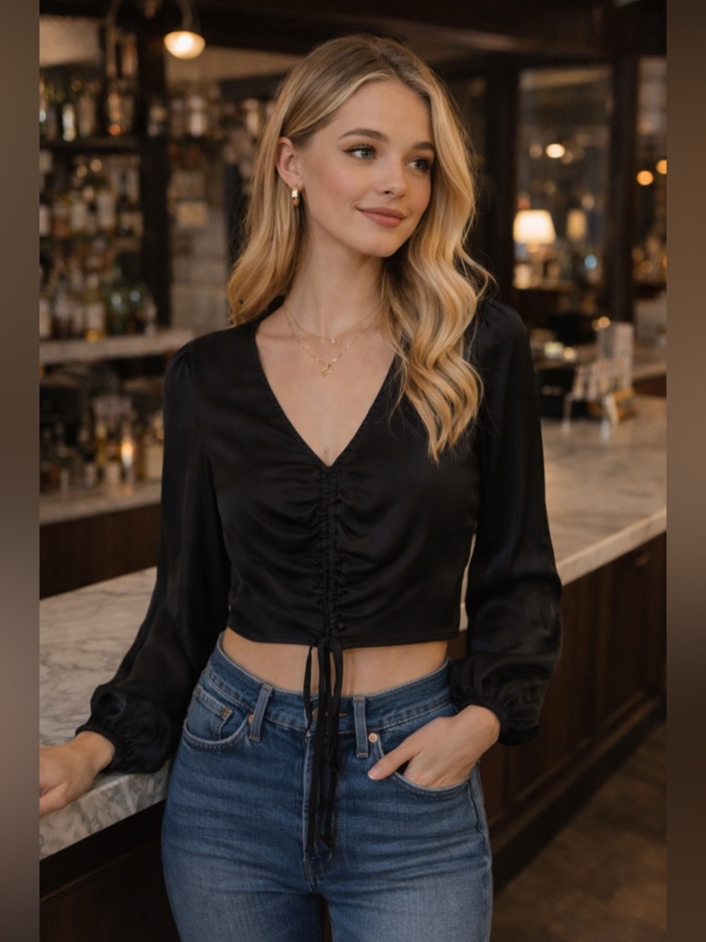 Reformation Black 100% Silk Ruched Front Long Sleeve Crop Top XS